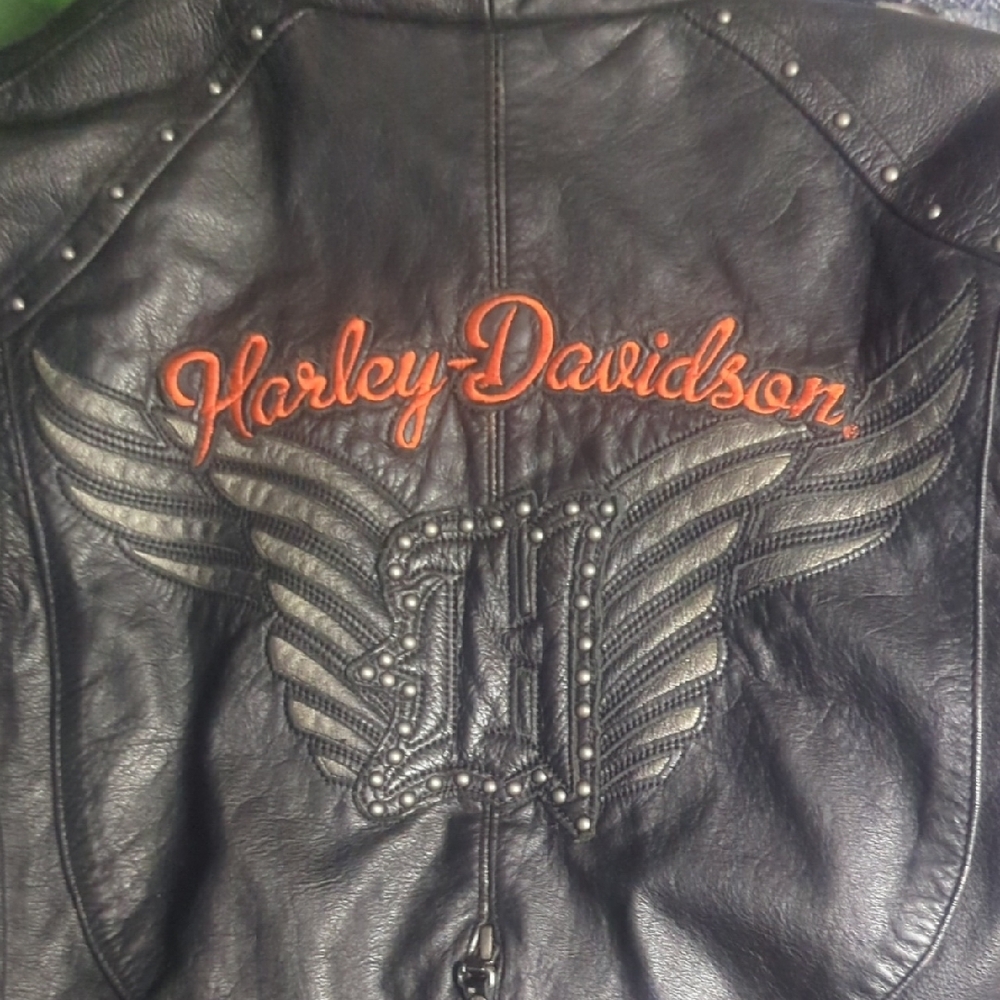 Harley-Davidson Black Leather Jacket with Orange Embroidery